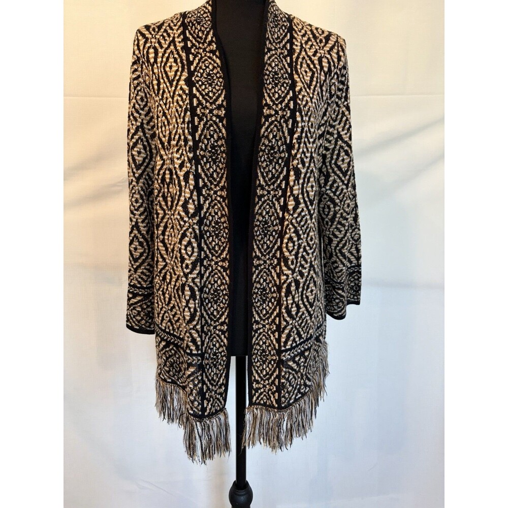 Ruby Rd. Black Beige Geometric Knit Open Front Fringe Hem Cardigan XL